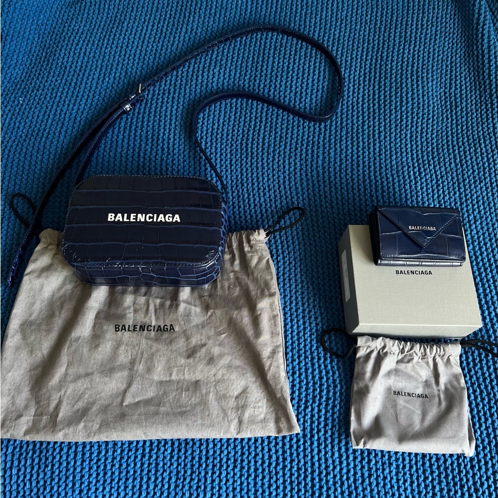 Blue Balenciaga crocodile embossed leather xs crpssbody and wallet